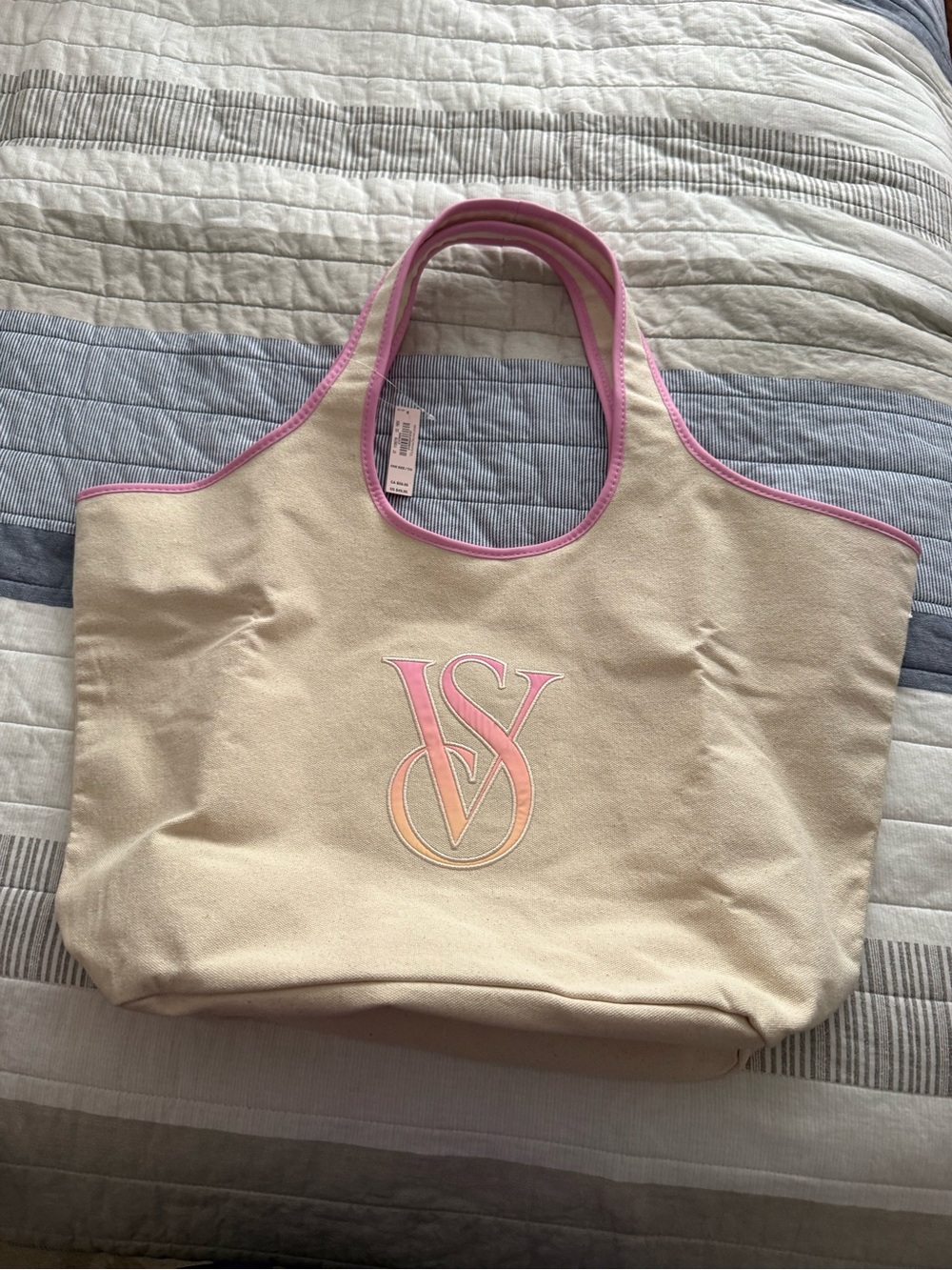 Victoria's Secret Cream Canvas Tote with Pink Trim